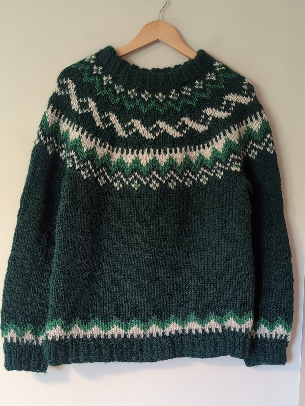 Vintage Wool Chunky Knit Nordic Fair Isle Sweater Green Geometric Unisex Medium